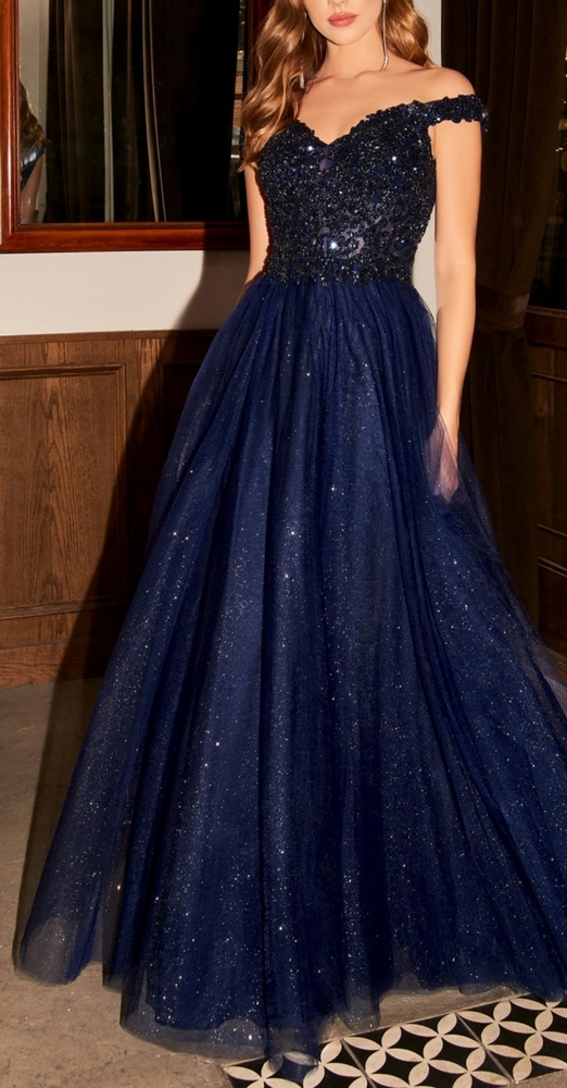 Navy blue off shoulder formal evening gown